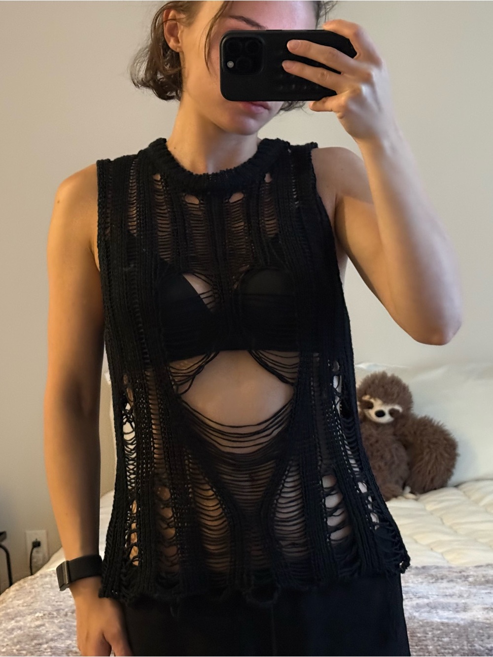 Black Distressed Knit Tank Top